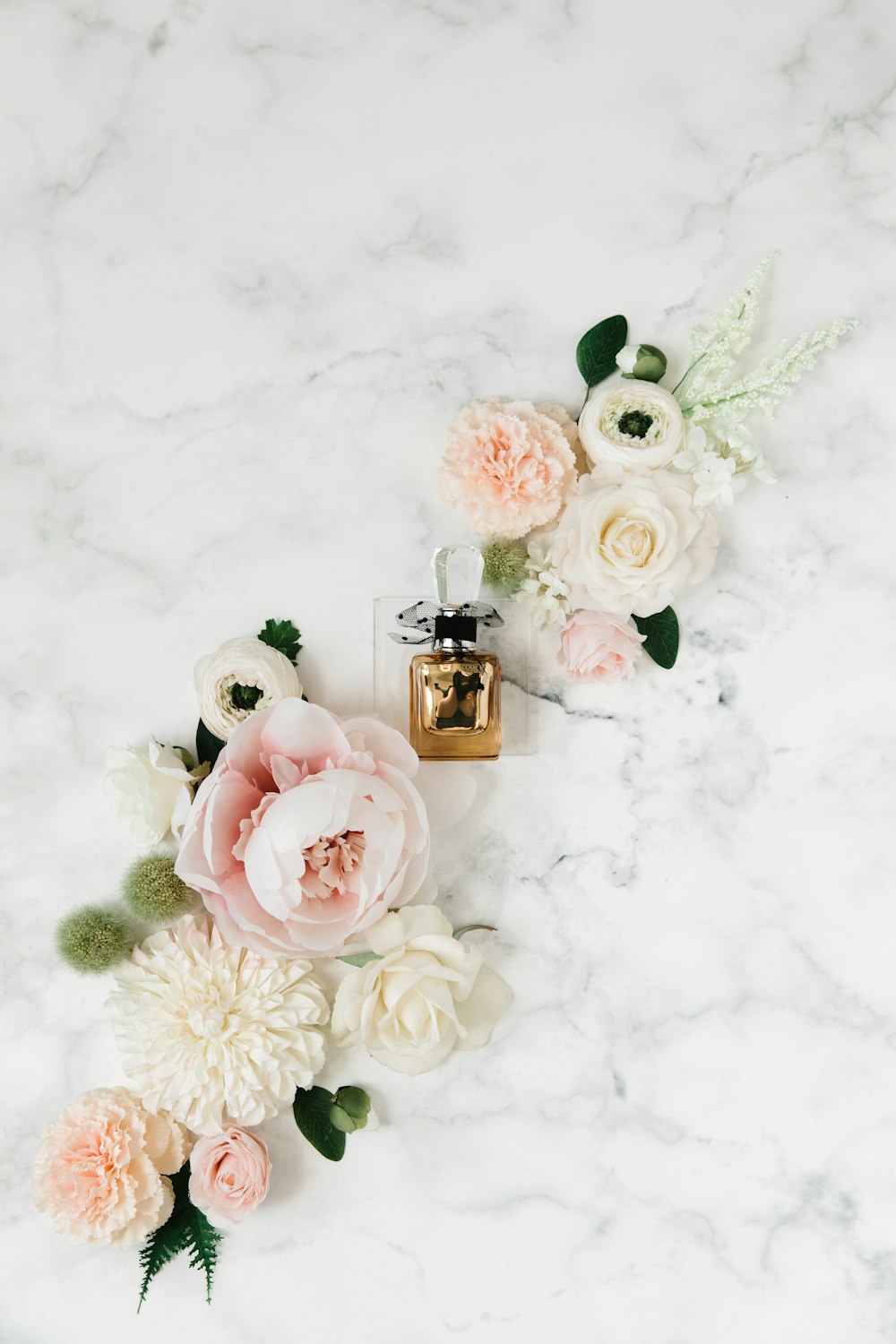 pink and white roses on white snow