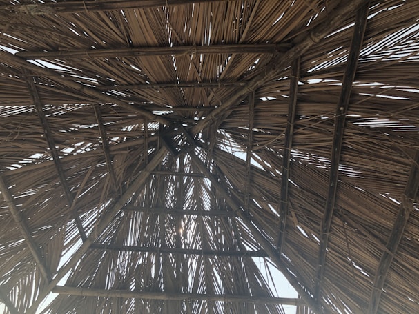A close-up view of the inner structure of a thatched roof, showing wooden beams supporting dry palm leaves or similar materials arranged in a crisscross pattern.