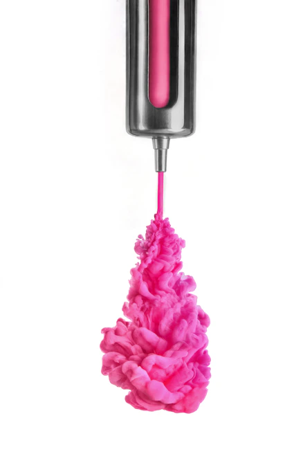 Magenta ink being precisely mixed in an industrial vat with metal machinery.