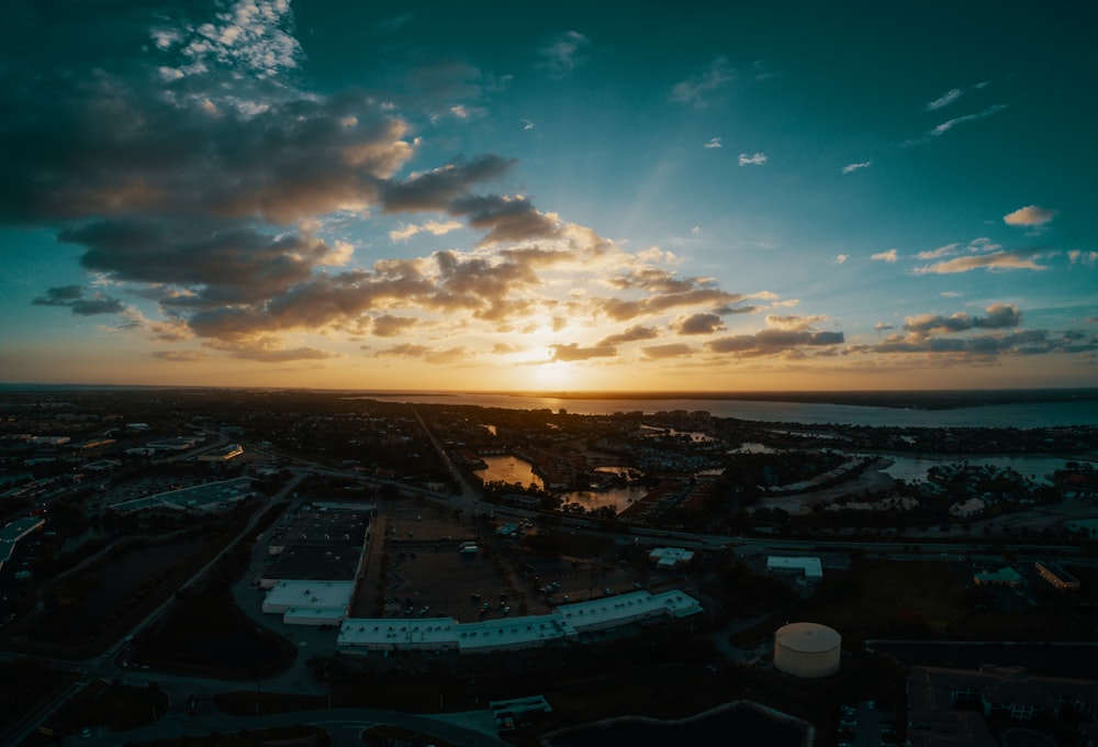 aerial view of city during sunset