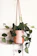 A lush green plant with heart-shaped leaves is placed in a cylindrical white planter. The leaves have a glossy texture and some are adorned with subtle speckles. The planter is suspended with tan leather straps against a plain white background, creating a minimalist and natural aesthetic.