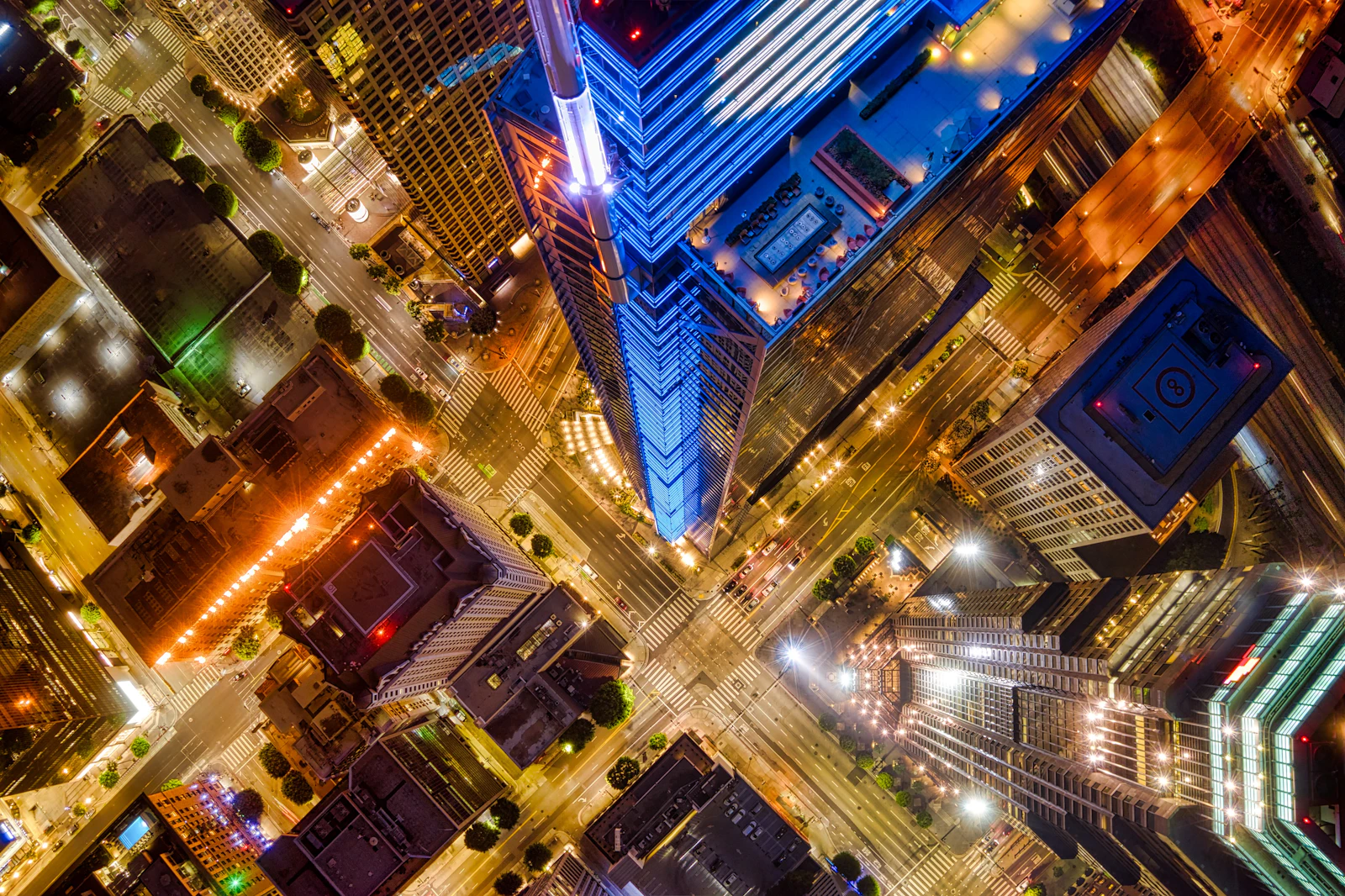 High-rise buildings seen from above at night
