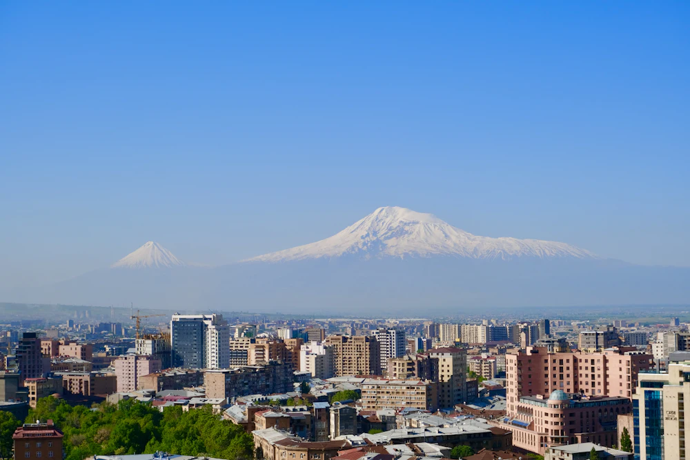 The skyline of Yerevan, Armenia, with Mount Ararat in the distance