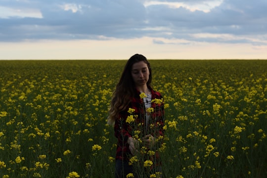 woman in green and red floral long sleeve shirt standing on yellow flower field during daytime in Burgas Bulgaria