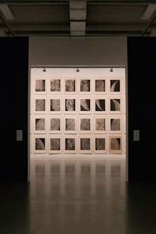 A gallery setting with a grid of framed artworks on the wall, each depicting close-up, detailed textures resembling lunar surfaces or celestial bodies. The lighting is subdued, creating a focused and contemplative atmosphere.