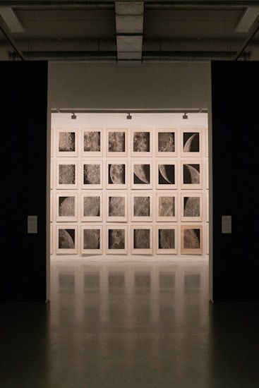 A gallery setting with a grid of framed artworks on the wall, each depicting close-up, detailed textures resembling lunar surfaces or celestial bodies. The lighting is subdued, creating a focused and contemplative atmosphere.