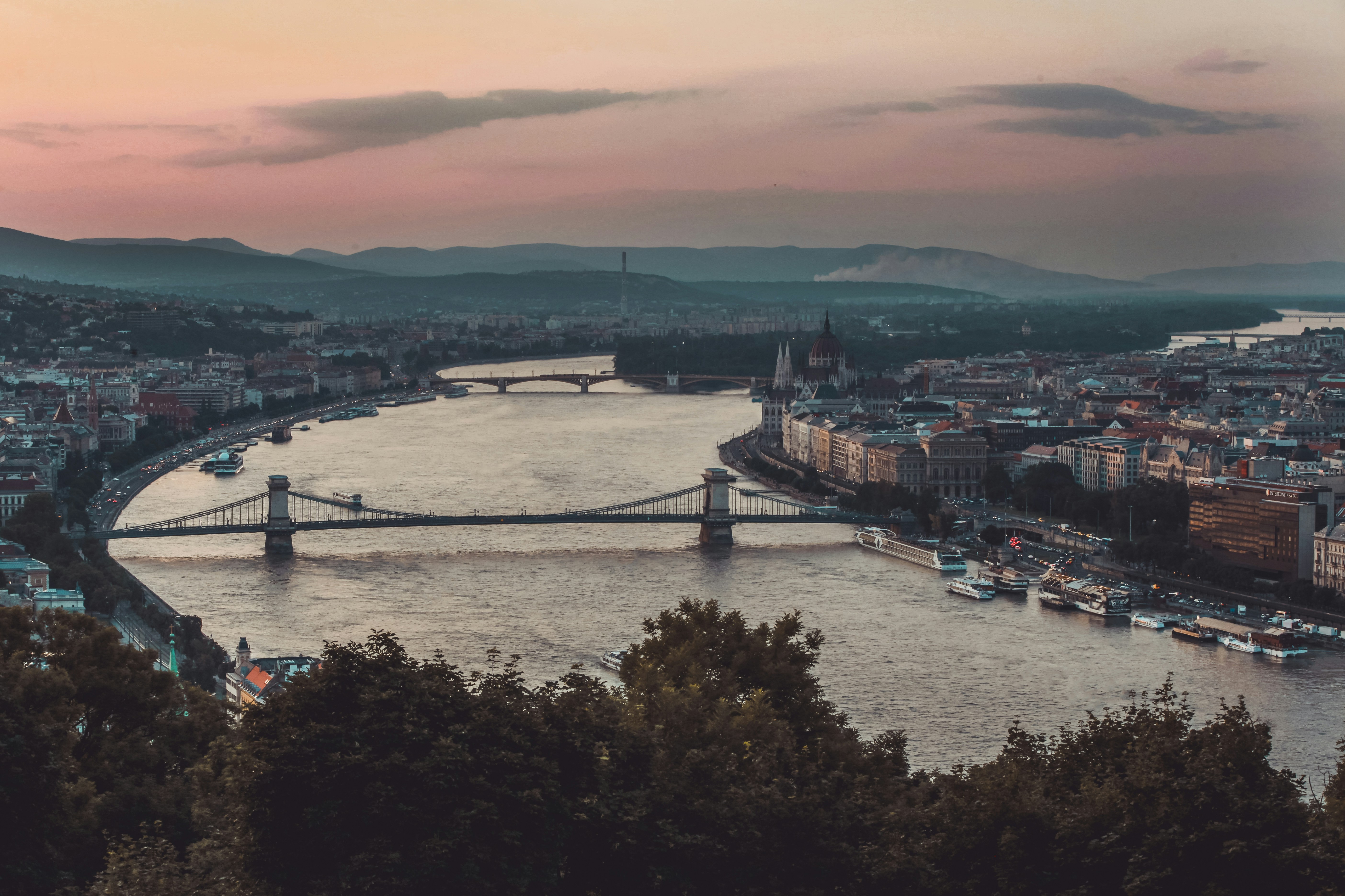 aerial view of city buildings during sunset