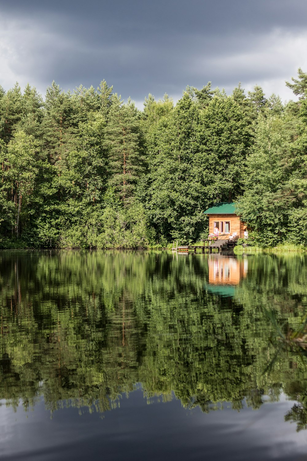 brown wooden house on lake surrounded by green trees during daytime