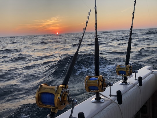 Three fishing rods with reels are mounted on the side of a boat, set against a backdrop of a sunset over the ocean. The water appears choppy with visible waves, and the sky transitions from a soft orange near the sun to a darker hue at the top.