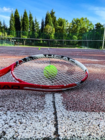 A tennis racket and ball on a sunlit court, ready for a match.