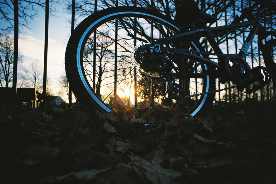 black bicycle wheel on gray concrete floor