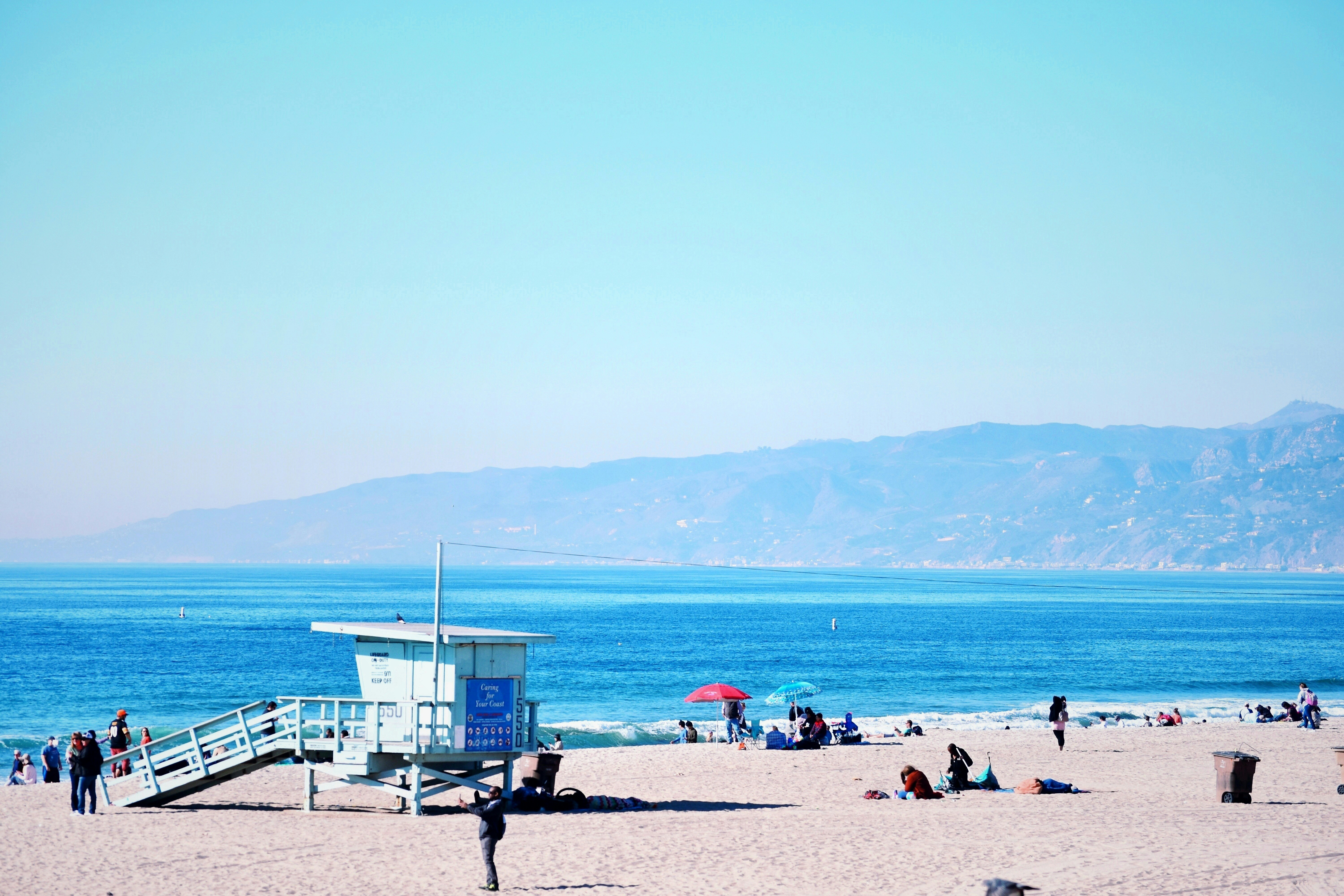 people on beach during daytime, Santa Monica Beach in Los Angeles, California.