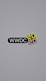 A minimalist design featuring the text 'WWDC 2020' with 'WWDC' in white inside a black oval and '2020' in a stacked formation with one '20' in green and the other in brown, placed against a plain gray background.