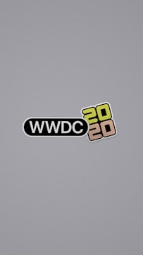 A minimalist design featuring the text 'WWDC 2020' with 'WWDC' in white inside a black oval and '2020' in a stacked formation with one '20' in green and the other in brown, placed against a plain gray background.