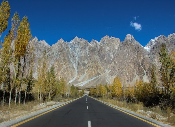 gray concrete road near trees and mountain under blue sky during daytime