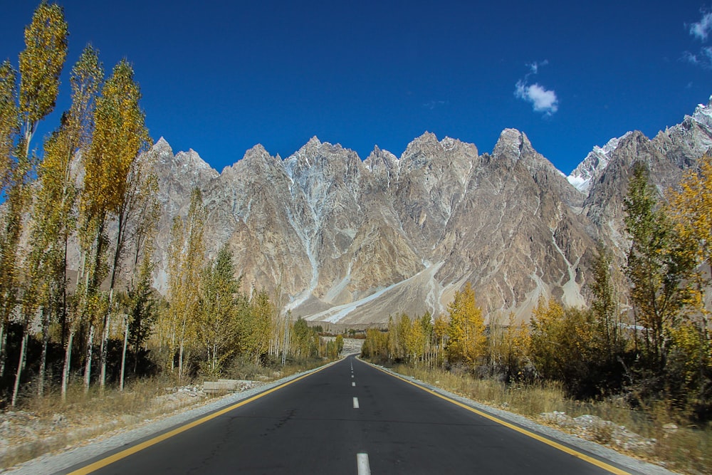 gray concrete road near trees and mountain under blue sky during daytime