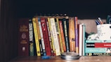 A wooden bookshelf is filled with a variety of books standing upright. Titles include well-known novels and non-fiction, such as 'The Lord of the Rings', 'Sapiens', and several 'Harry Potter' books. A white mug with pens and a decorative turtle figure is also on the shelf. The scene is well-organized, suggesting an interest in literature and writing tools.