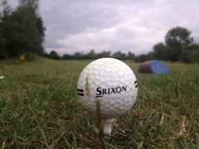 A close-up of a golf ball on a tee in a green field.