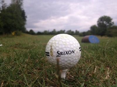 Close-up of a golf ball teed up on a lush fairway with morning sun casting long shadows.