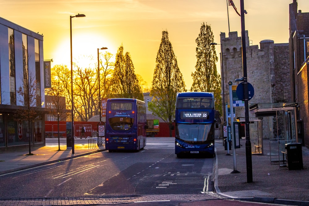 blue bus on road during daytime