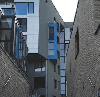 gray concrete building with blue windows