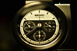 Chronograph watch face showing detailed subdials with sharp black and white contrast.