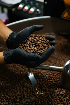 person holding coffee beans on stainless steel faucet