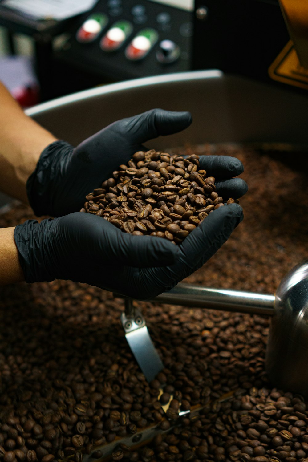 person holding coffee beans on stainless steel faucet