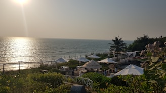 the sun is shining over a beach with umbrellas
