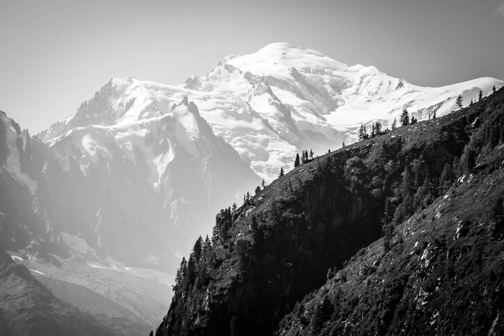 grayscale photo of snow covered mountain