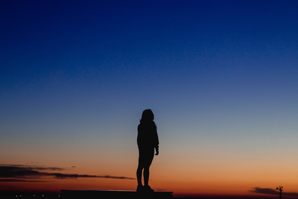 silhouette of man standing on seashore during sunset