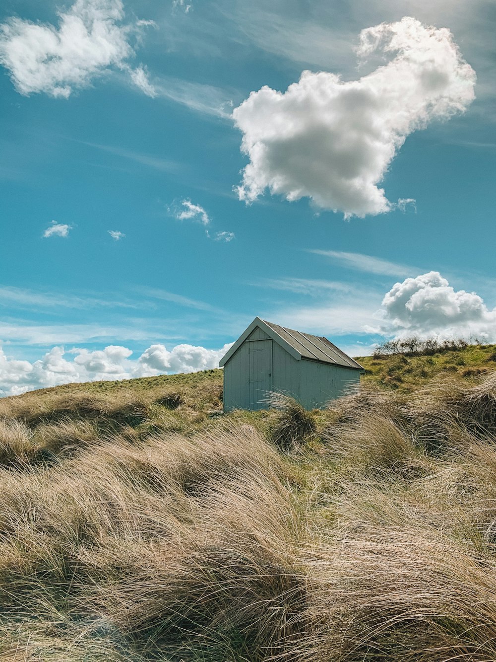 brown wooden house on green grass field under blue and white cloudy sky during daytime