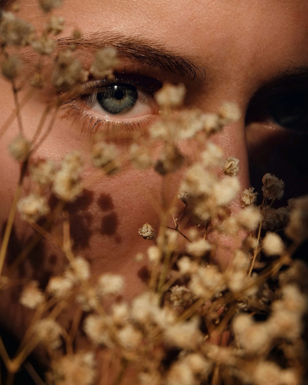 oeil de personne avec des feuilles brunes