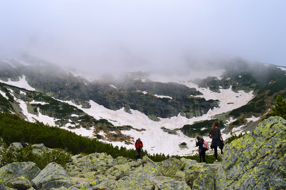 2 person standing on green grass near snow covered mountain during daytime