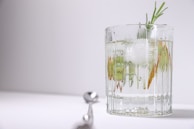 A refreshing cocktail garnished with fresh herbs and citrus slices.