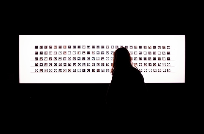 A silhouette of a person stands in front of a rectangular illuminated panel displaying numerous small images arranged in rows. The room is mostly dark, highlighting the luminous panel.