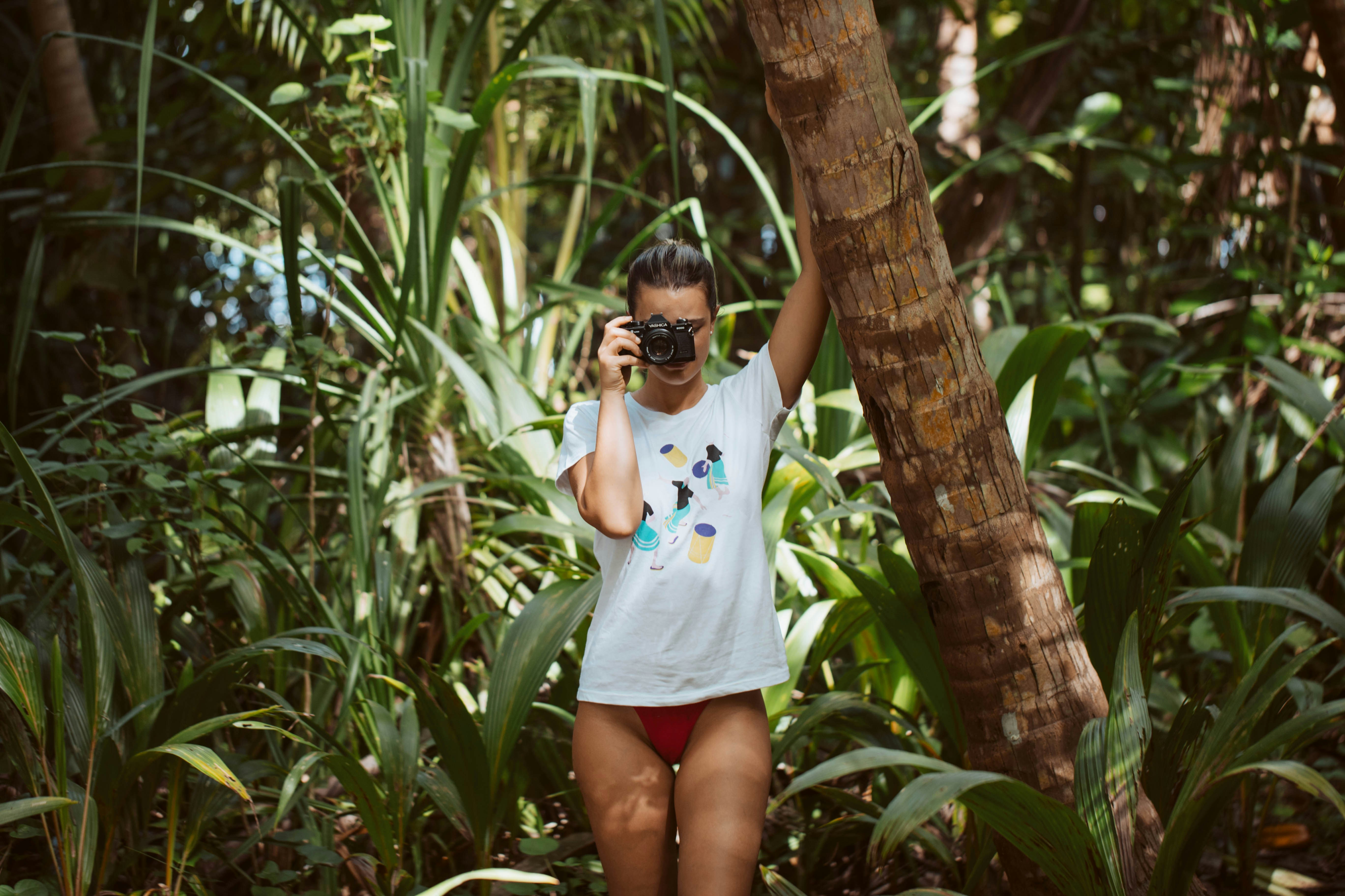 白と青の花柄のシャツと白いショートパンツを着た女性が緑のヤシの木のそばに立っています