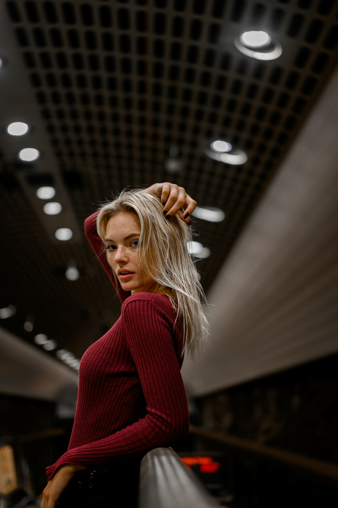 woman in red long sleeve shirt