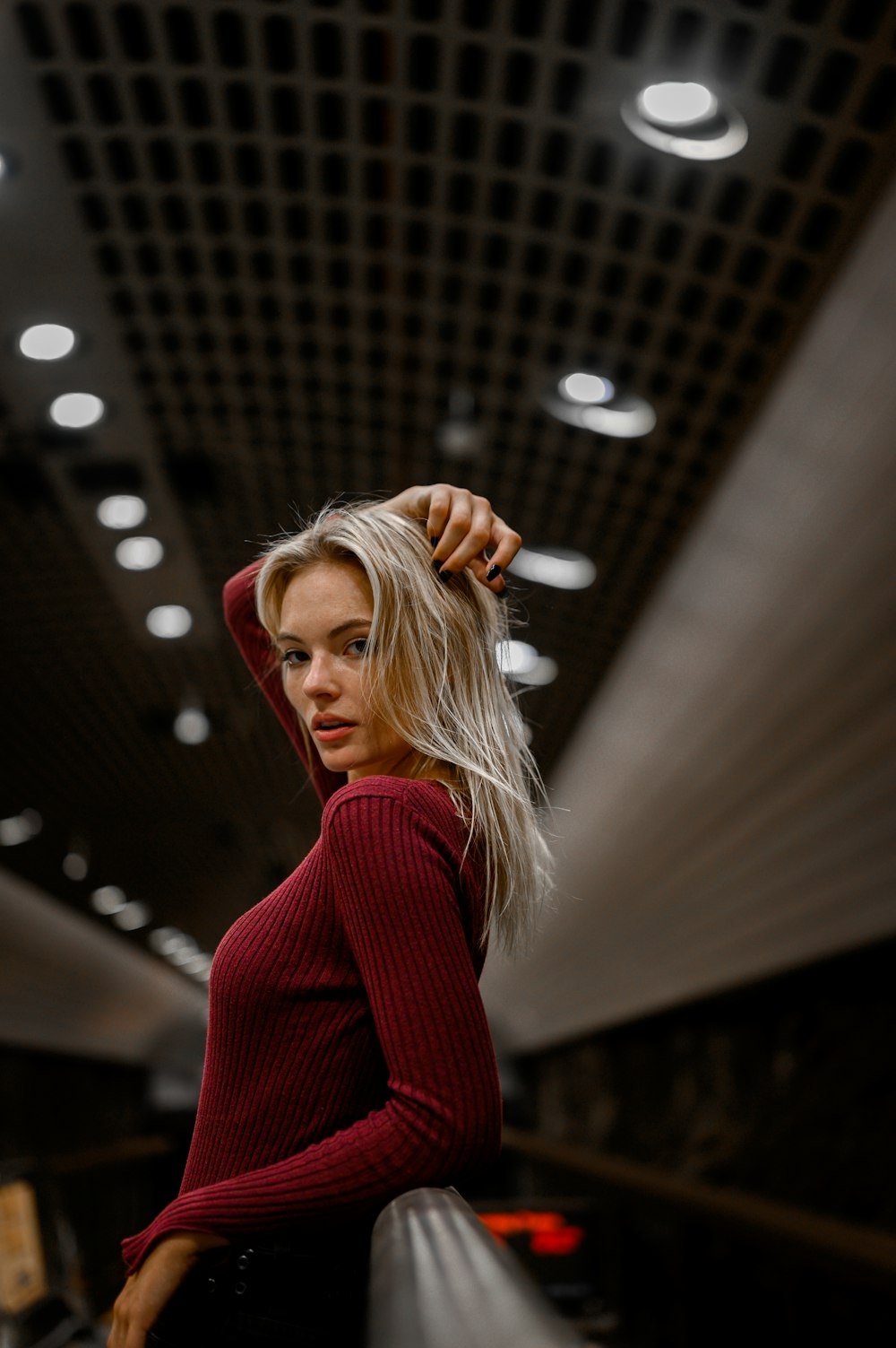 woman in red long sleeve shirt