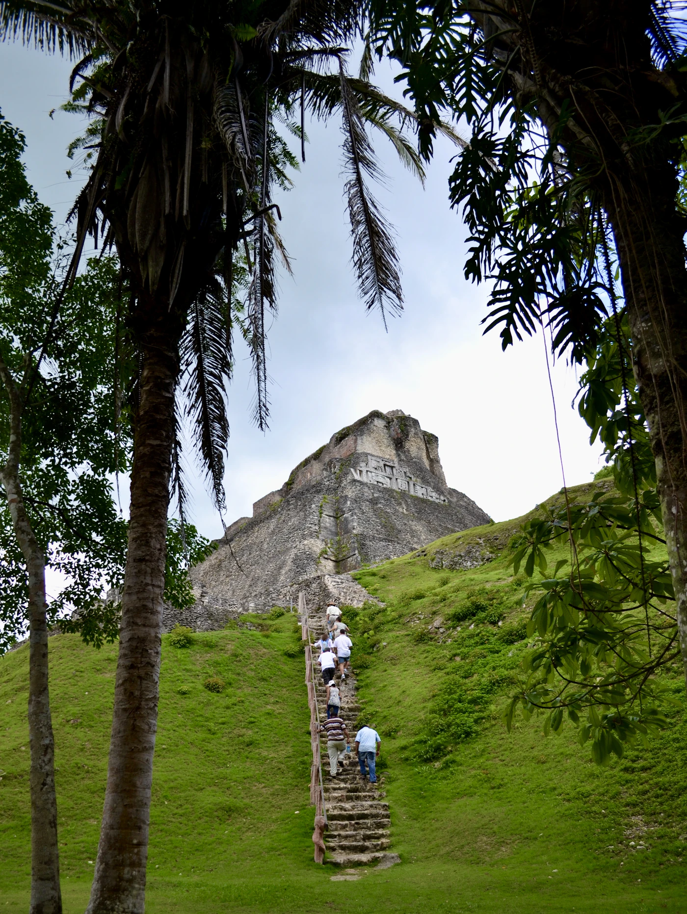 Explanada verde y estructuras de un sitio arqueológico maya en el interior de Belice