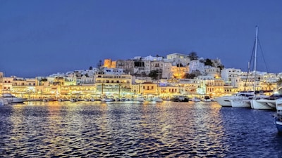 city buildings near body of water during night time