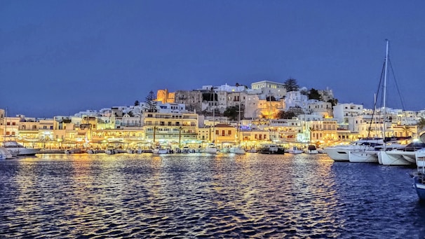 city buildings near body of water during night time