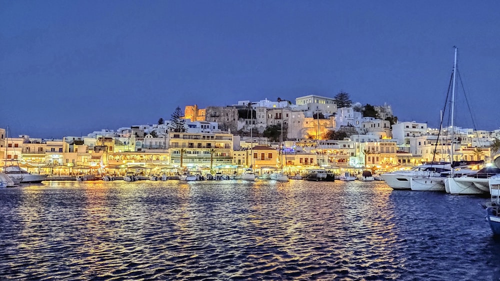 city buildings near body of water during night time