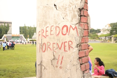 A concrete pillar with the words 'FREEDOM FOREVER!!' written in red graffiti. The pillar is weathered, with visible cracks and exposed reddish bricks. In the background, a group of people is gathered on a green lawn, with trees and a building visible.