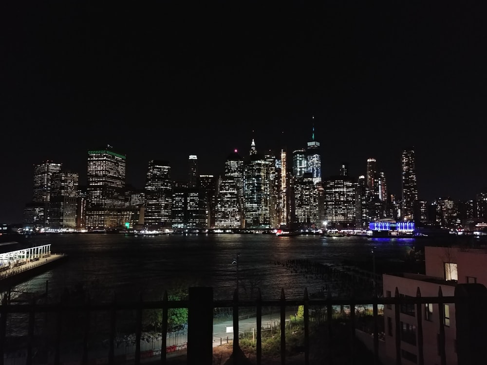 city skyline during night time