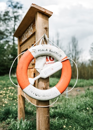 A life preserver ring with text 'Uppsala Kommun Trygg-Hansa' is mounted on a wooden signpost outdoors. Surrounding the signpost is a grassy area with some trees and a cloudy sky in the background.