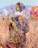 A surreal double exposure photograph combining layers of a person's silhouette in a patterned outfit with a natural landscape of trees and dry grass. The person holds a mirror reflecting more vegetation, creating a blend of human form and nature.