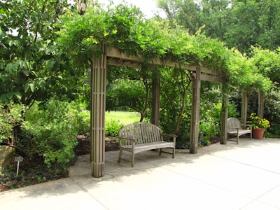 A serene garden area with benches.