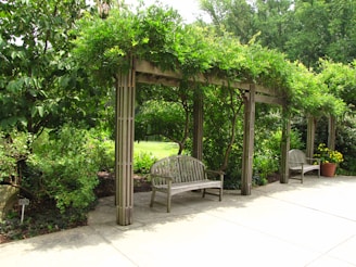 A serene garden area with benches.