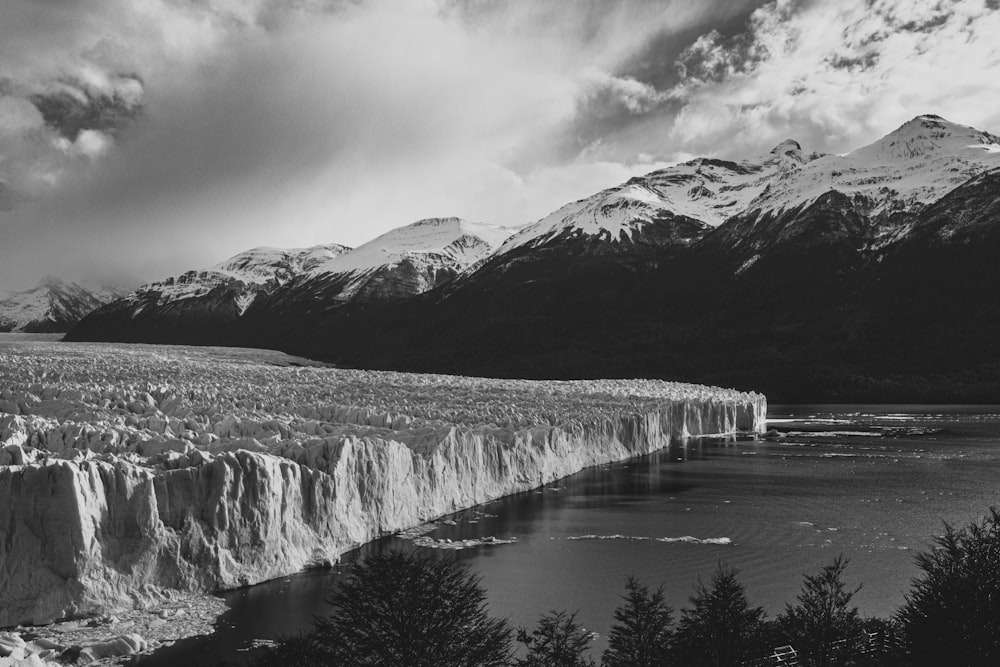 grayscale photo of snow covered mountain